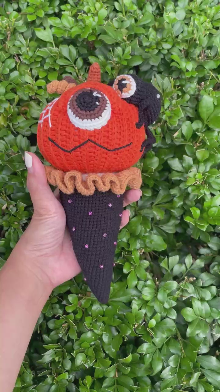 Handmade Crochet Halloween Creepy Pumpkin Ice Cream Plush