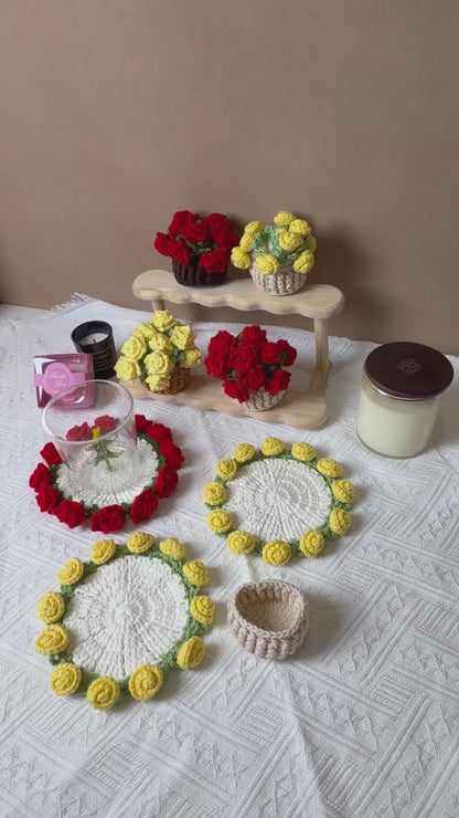Handmade Crochet Flower Pot Coaster - Rose