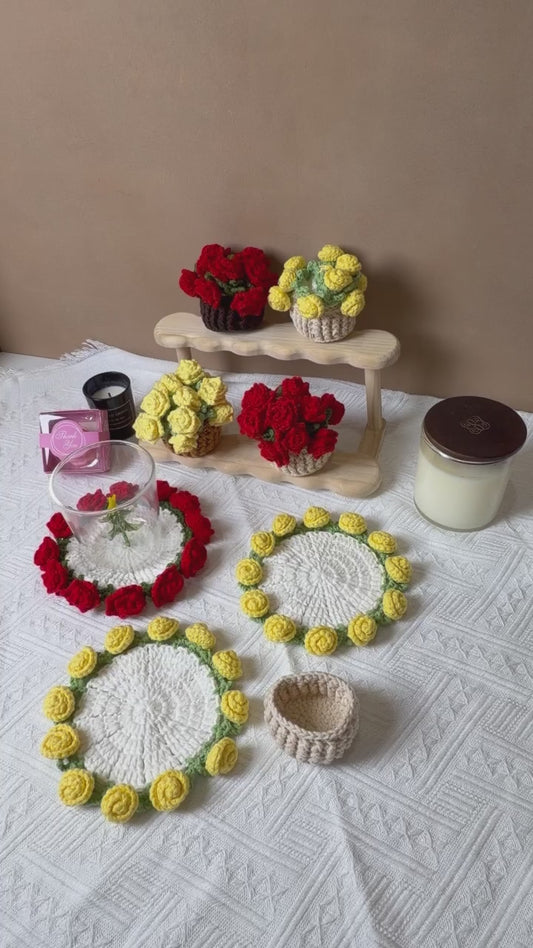 Handmade Crochet Flower Pot Coaster - Rose
