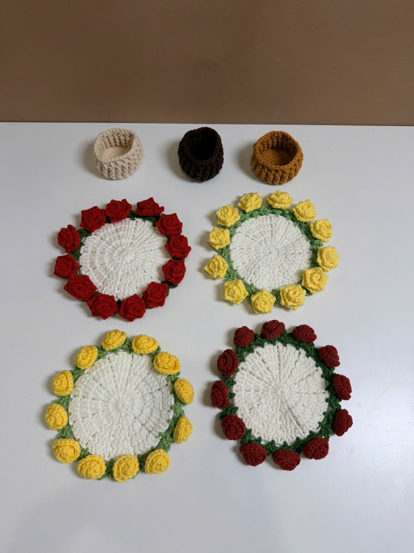 Handmade Crochet Flower Pot Coaster - Rose